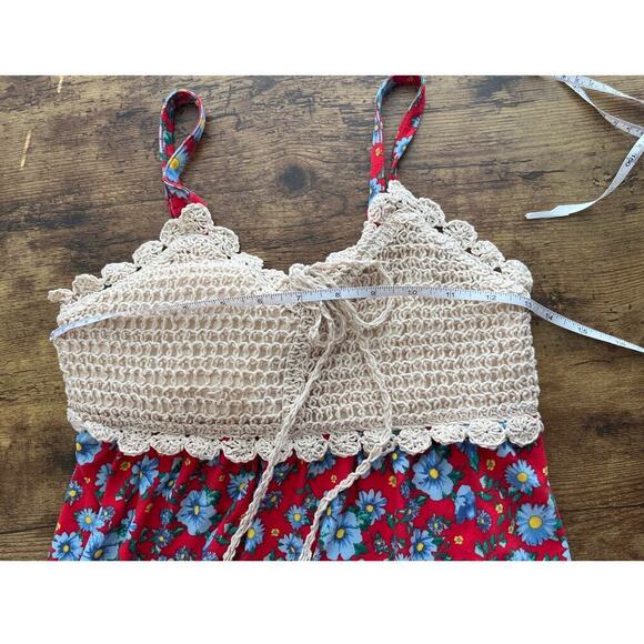 NO Boundaries Womens S Red Blue Floral Print Baby Style Crochet Detail - Picture 3 of 8